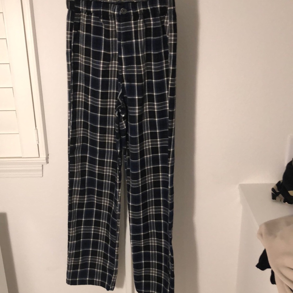 blue and black plaid pants